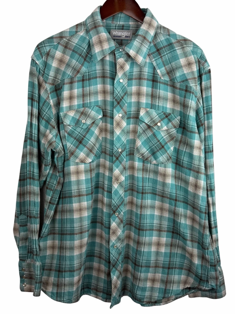 Wrangler | Green White Beige Plaid Flannel Pearl Snap Shirt